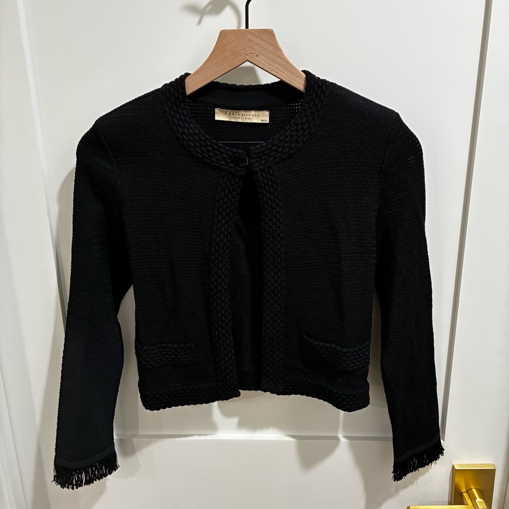Paola Bernardi Black Knit Cropped Jacket Fringe Tassel Cuffs Made in Brazil XS